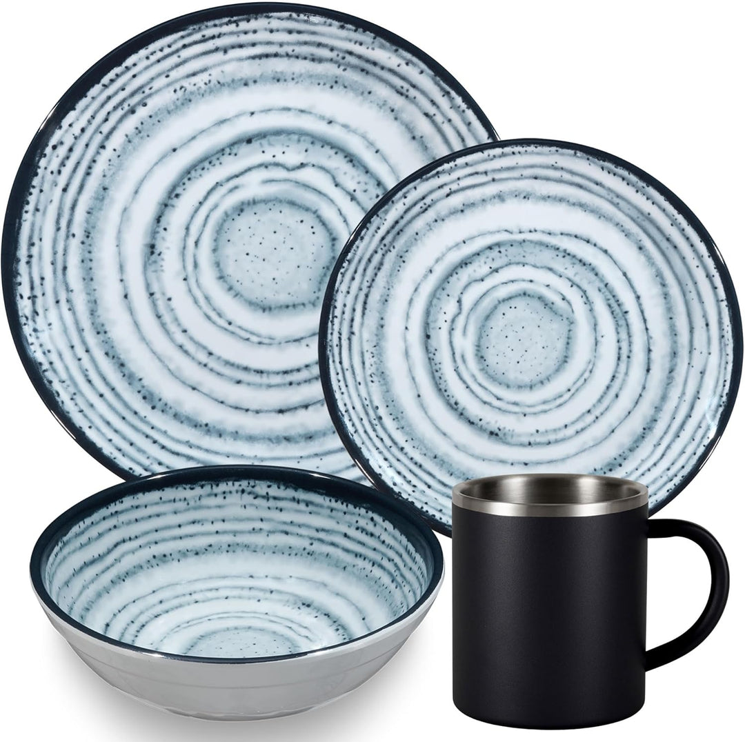 Melamin Geschirr Set Blau Schiefer Edelstahl Thermo Tassen Camping Garten 4 Personen - Edelstahltass