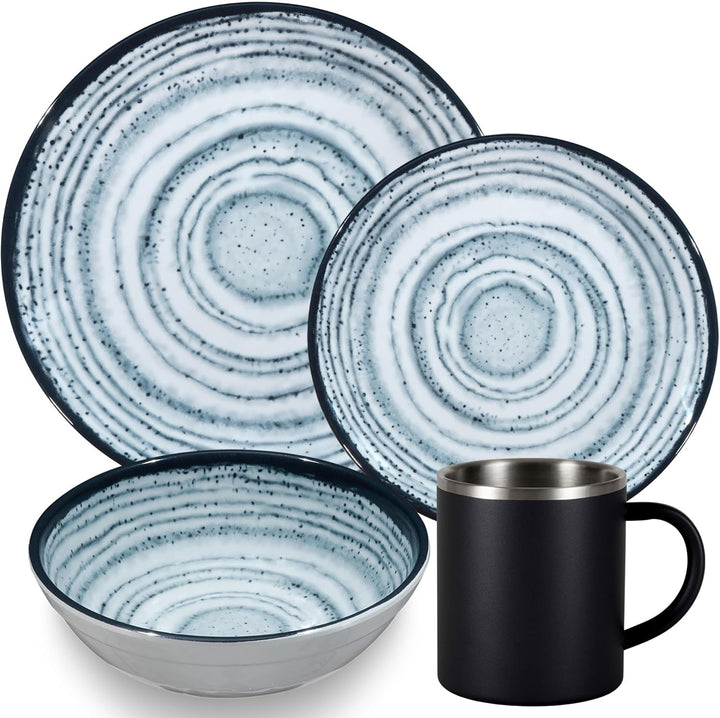 Melamin Geschirr Set Blau Schiefer Edelstahl Thermo Tassen Camping Garten 4 Personen - Edelstahltass