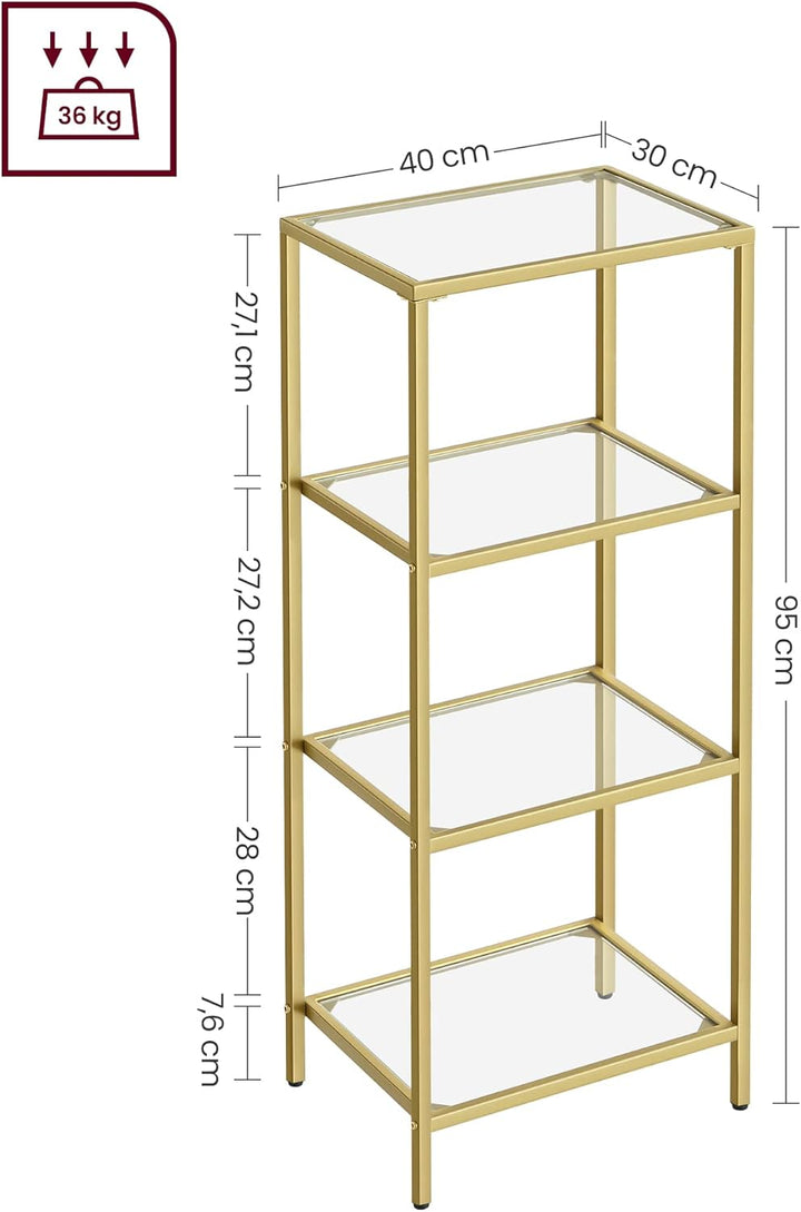 VASAGLE Regal mit 4 Ablagen, Badregal, gehärtetes Glas, einfache Montage, für Badezimmer, Wohnzimmer