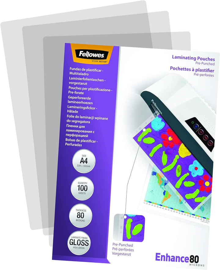 Fellowes Laminierfolien A4, 80 Mikron (2 x 80 mic), mit Lochung zum Einheften, glänzend, 100 Stück
