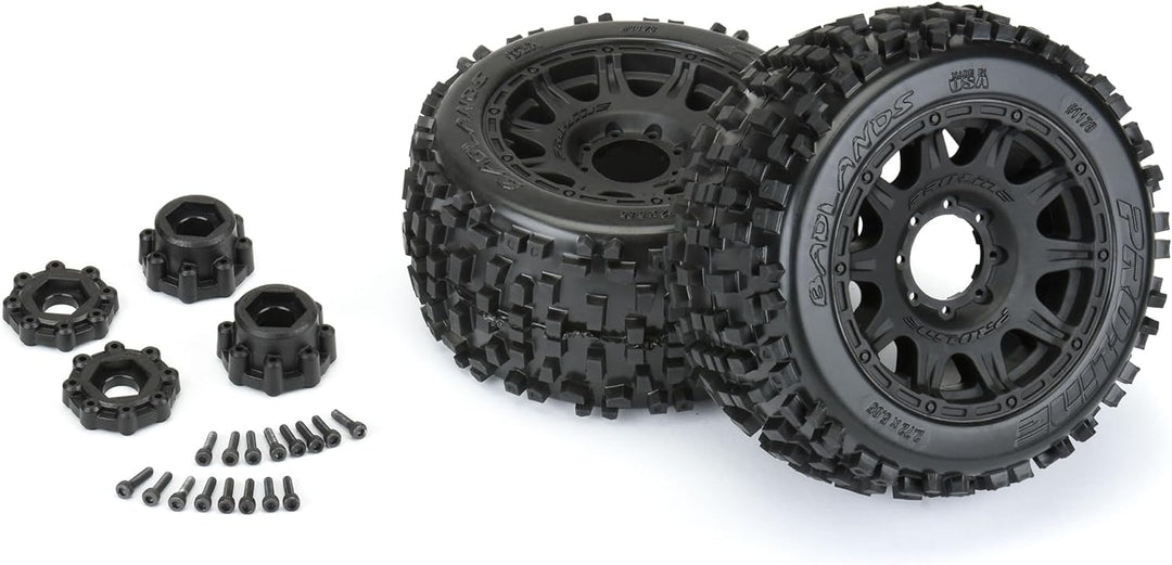 1/8 Badlands F/R 3.8" MT Tires Mounted 17mm Black Raid (2)