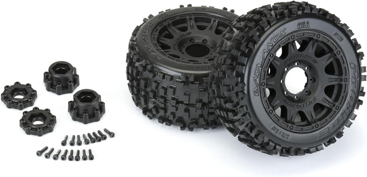 1/8 Badlands F/R 3.8" MT Tires Mounted 17mm Black Raid (2)