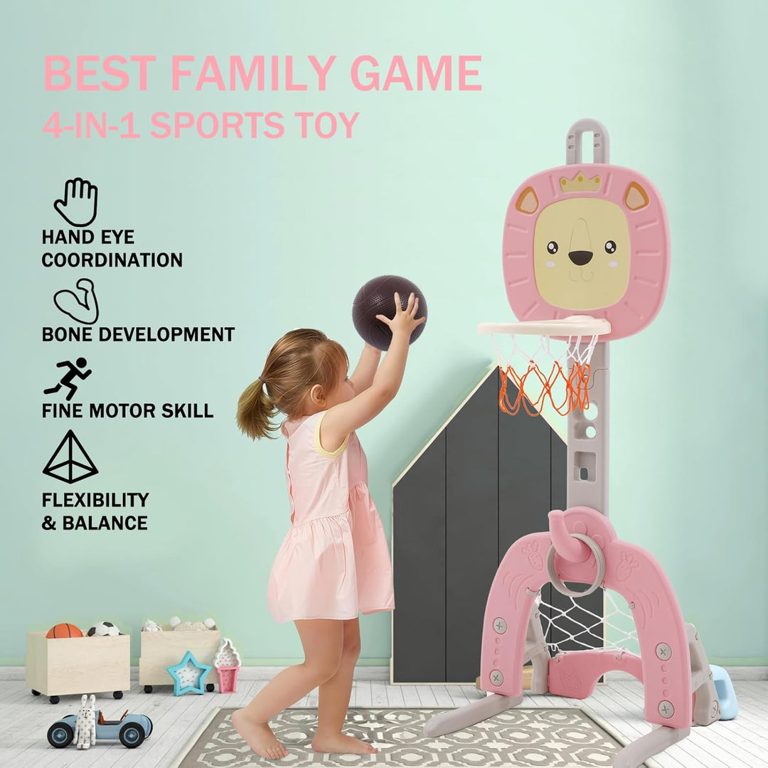 Kinder Basketballkorb Set 4 in 1 Basketballkorb Outdoor Indoor mit Basketball Fussball Ring Werfen G