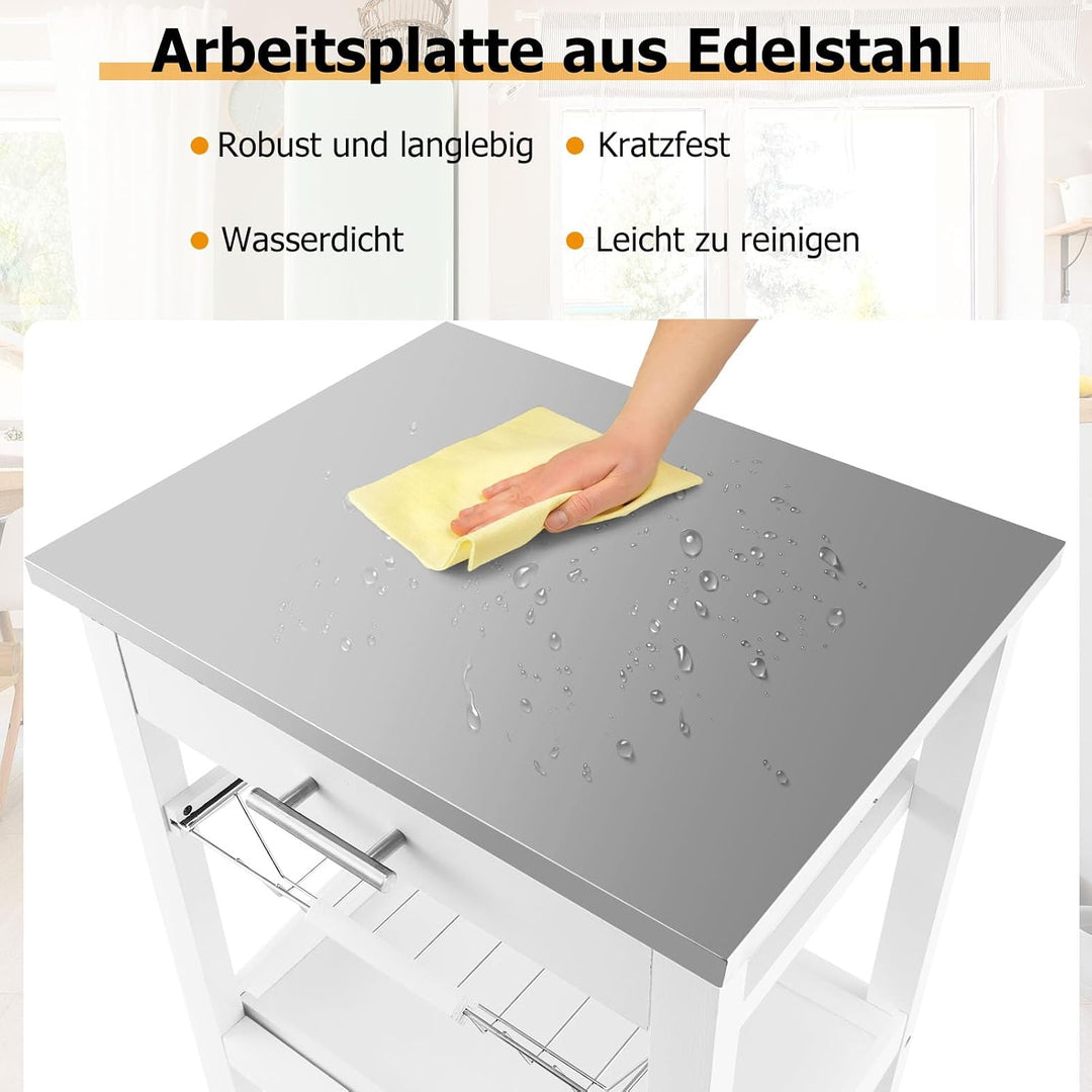 GOPLUS Servierwagen auf Rollen, Rollwagen mit Stahl-Arbeitsplatte, Küchenwagen mit Schublade &amp; Ablag
