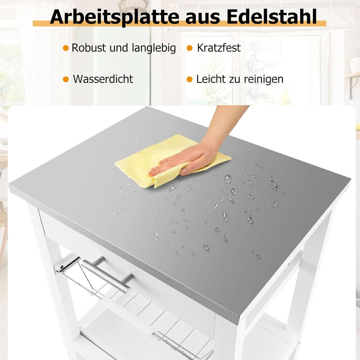 GOPLUS Servierwagen auf Rollen, Rollwagen mit Stahl-Arbeitsplatte, Küchenwagen mit Schublade &amp; Ablag