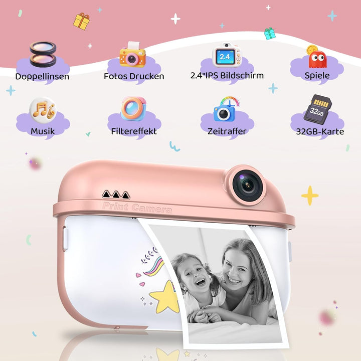 Kinderkamera Sofortbildkamera, 48MP Digitalkamera Kinder mit Dual-Kamera, mit Druckpapier & 32G TF K