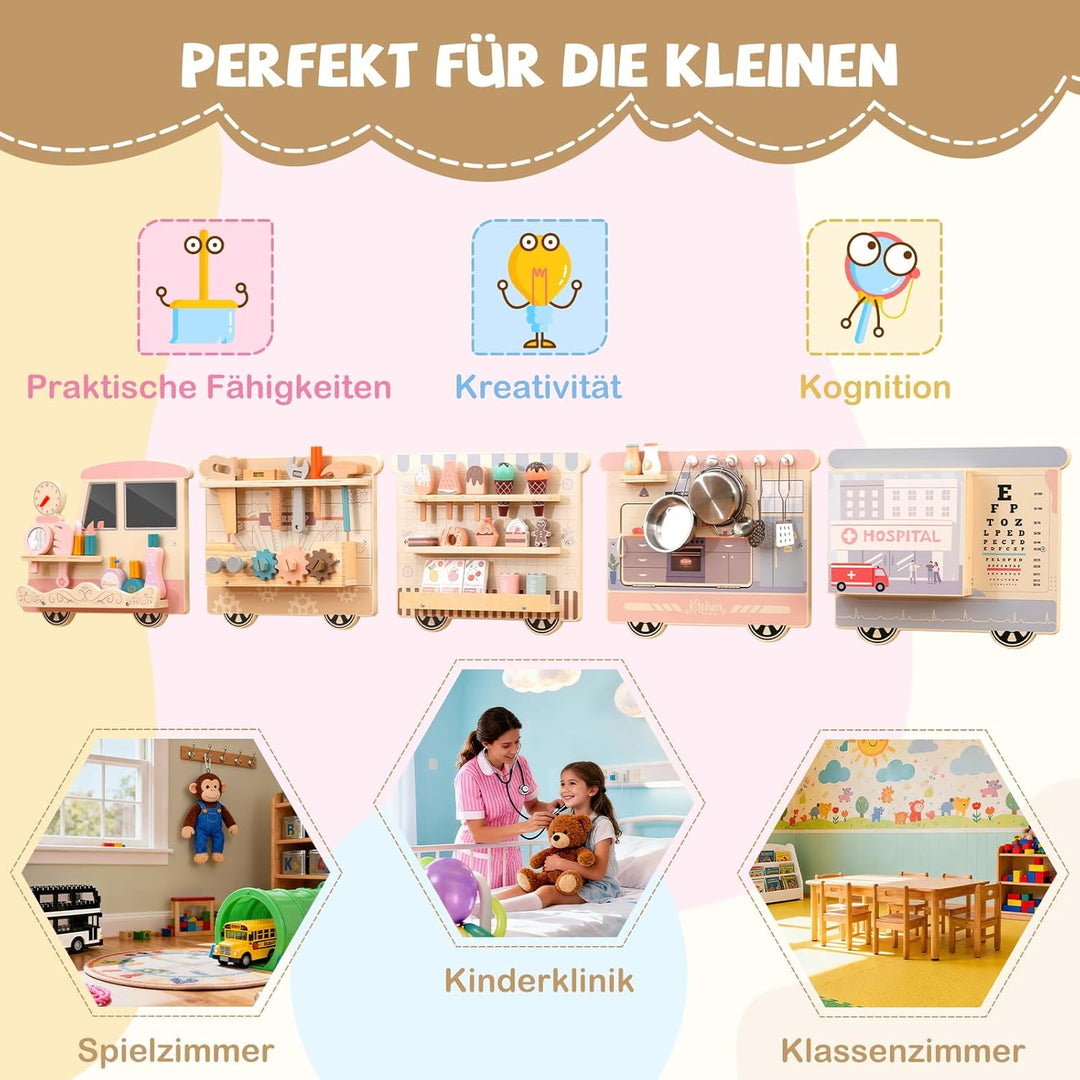 DREAMADE Montessori Busy Board, Motorikbrett aus Holz mit Blöcken &amp; Xylophon &amp; Zahnrädern &amp; Uhr, Mon