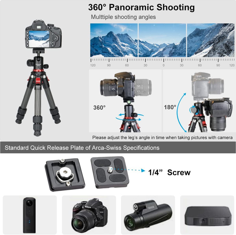 Koolehaoda Kamera Stativ Karbonfaser Mini Stativ Tragbar Kompakt Desktop Stativ mit 360° Kugelkopf f
