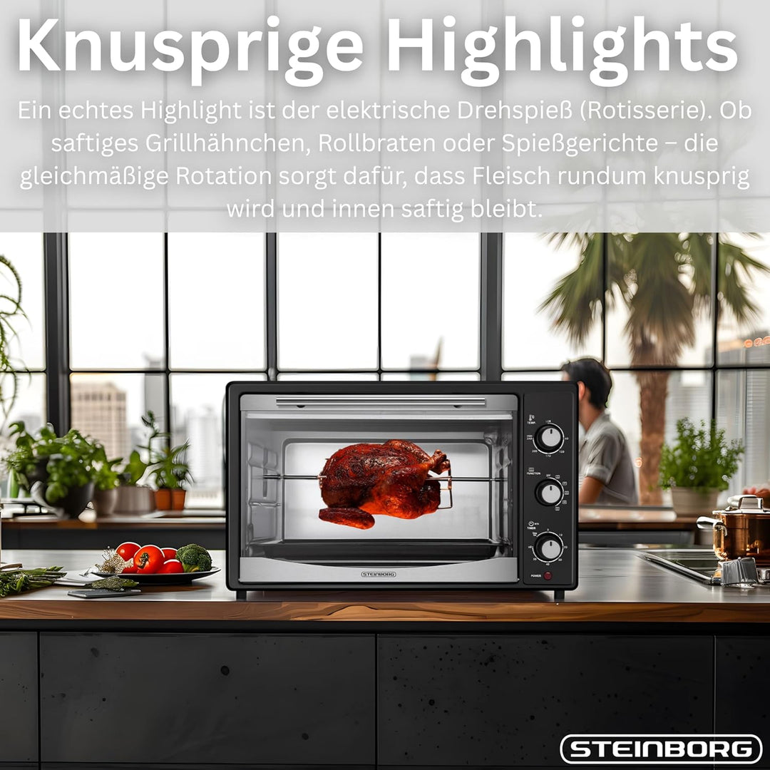 Mini Backofen 45 Liter | 1800 Watt | Umluft | Pizzaofen | Innenbeleuchtung | Inkl. Backblech und Gri