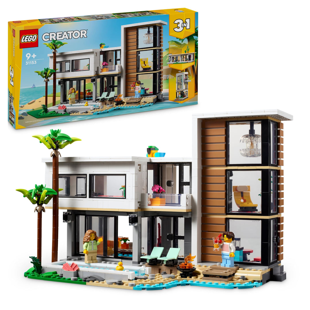 LEGO Creator Modernes Haus, 3-in-1-Set zum Umbauen in EIN Stadthaus oder eine Waldhütte, Modellhaus,