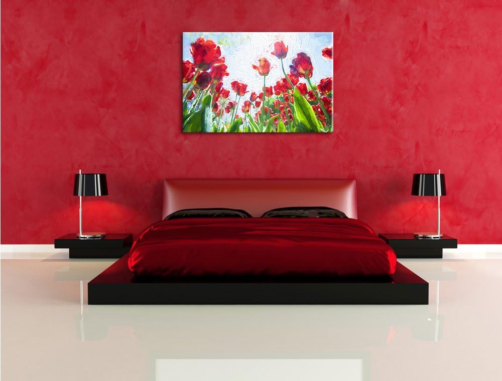 Tulpenfeld Pinsel Effekt, Format: 100x70 auf Leinwand, XXL riesige Bilder fertig gerahmt mit Keilrah