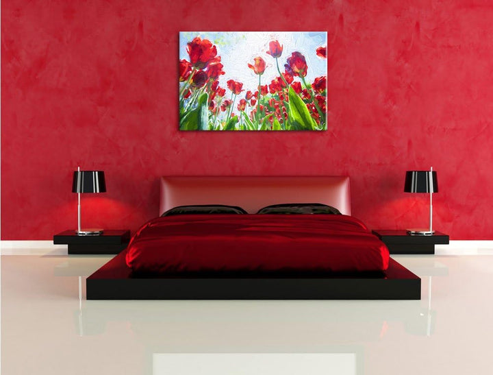 Tulpenfeld Pinsel Effekt, Format: 100x70 auf Leinwand, XXL riesige Bilder fertig gerahmt mit Keilrah