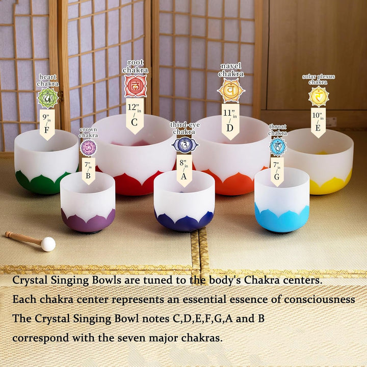 Hye-eun Kristall Klangschale Set,7-12 Zoll 432hz Lotusblumen Klangschalen Set 7 Chakren für Meditati