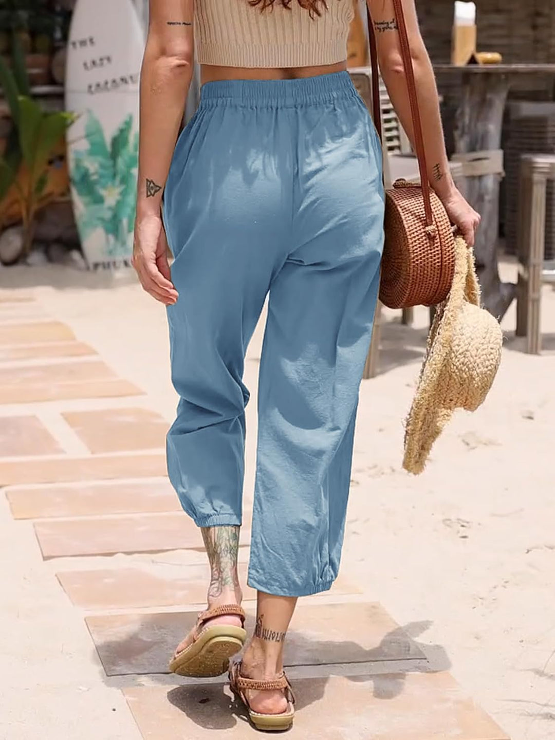 Les umes Damen Baumwolle Casual Capri Hose Elastische Taille Sommer Hose Haremhose mit Hellblau S, H