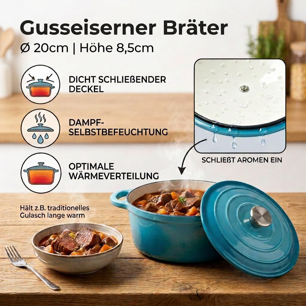 Gusseisen Topf 20cm mit Deckel,Dutch Oven 2L Emaillierter Brotbacktopf zum Brot Backen, Schmortopf I