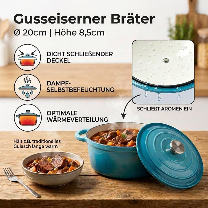 Gusseisen Topf 20cm mit Deckel,Dutch Oven 2L Emaillierter Brotbacktopf zum Brot Backen, Schmortopf I