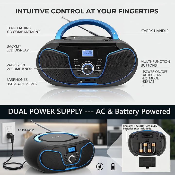 Tragbar CD Player Boombox Bluetooth - mit UKW Radio, USB Eingang &amp; AUX &amp; Kopfhörern Ports, 2 x 2 Wat