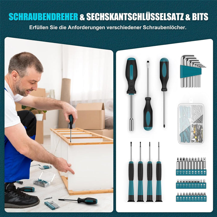 Sundpey Werkzeugkoffer Gefüllt 206tlg, 12V Akkuschrauber zum Anziehen/Lösen von Schrauben, Haushalts