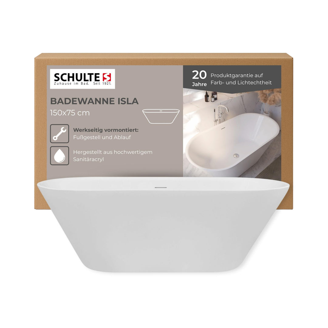Schulte freistehende Badewanne 150 x 75 cm, hochwertiges Sanitär-Acryl Weiss, Komplettset inkl. Abla