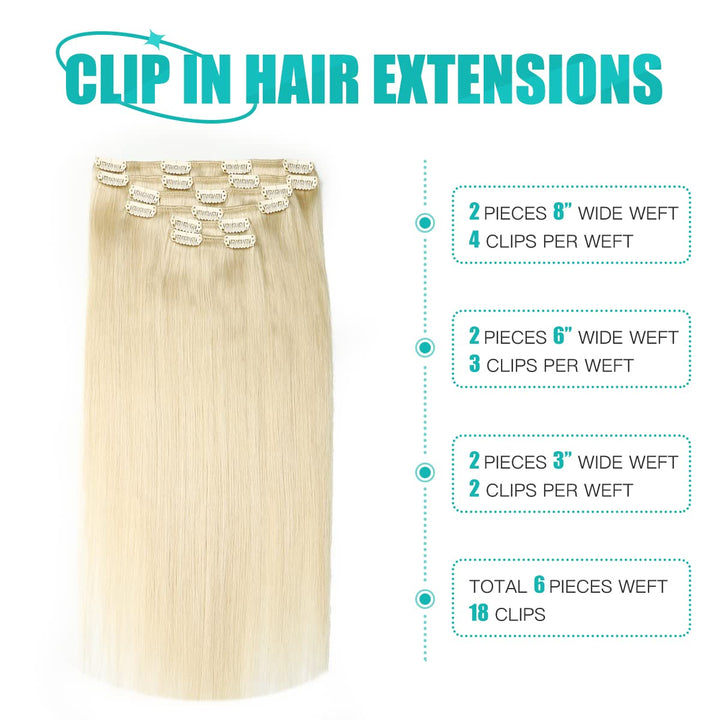 SURNEL Clip in Extensions Echthaar, 120g 6pcs 50cm Helles Platinblond Echthaar Extensions Clip in Re