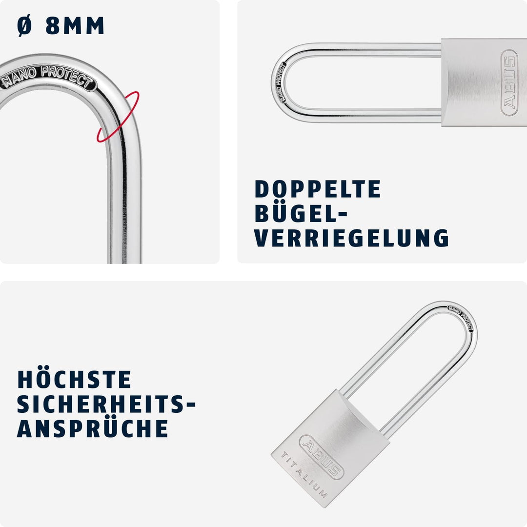 ABUS Titalium-Vorhangschloss 86TIIB/45HB80, Hochbügel ohne Zylinder, 04392, 86TIIB/45HB80
