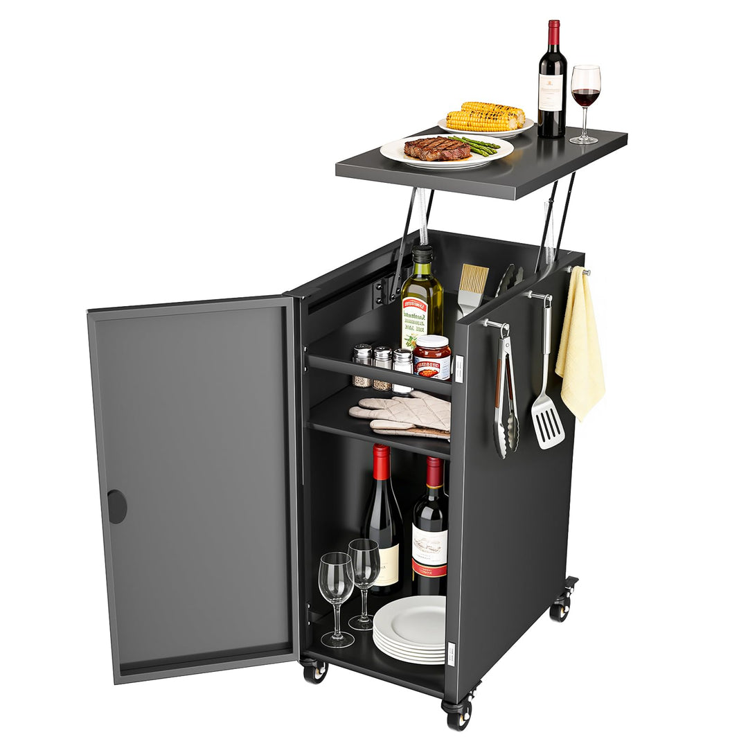GFTIME Grillwagen mit Stauraum & Haken, Rollbarer Grilltrolley mit 4 Lenkrollen, Outdoor Beistelltis