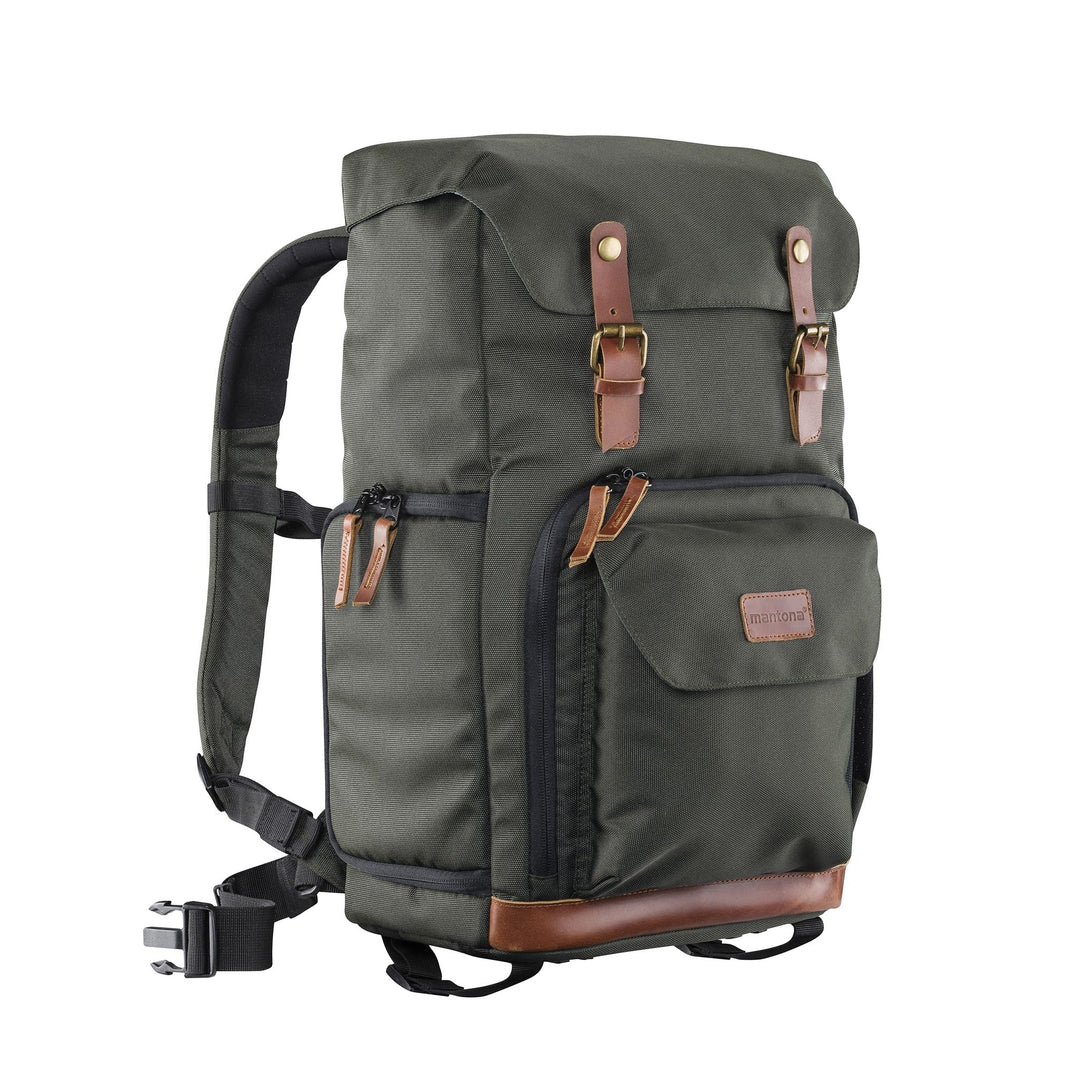 Mantona 21343 Luis Retro Fotorucksack (mit Echtleder-Applikationen, inkl. Regenschutzhülle, flexible