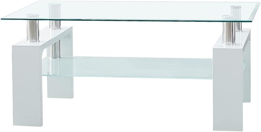 CLIPOP Couchtisch Rechteckig Beistelltisch aus Hartglas,Moderner Sofatisch mit Stauraum,Beistelltisc
