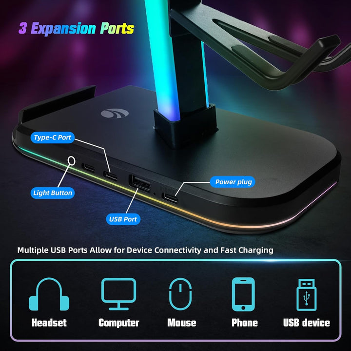 VCOM Gaming Headset Halterung mit 10 Lichtmodi, 1 USB 2 Typ-C Anschlüssen | Kopfhörer Halterung Tisc