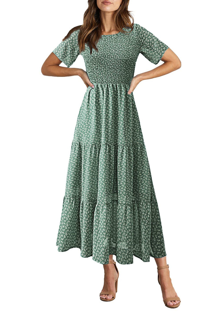 BTFBM Lässiges Sommerkleid für Damen, kurzärmelig, mit Rundhalsausschnitt, Boho-Stil, mit Blumendruc