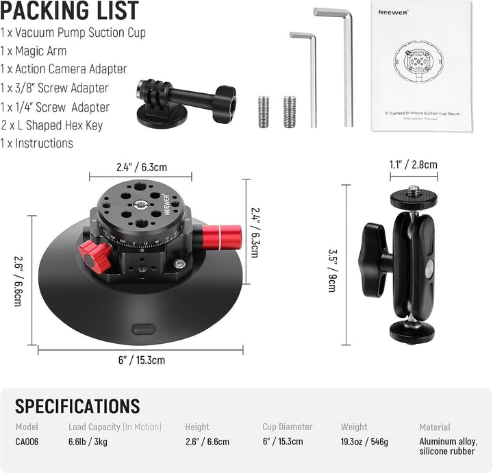NEEWER 15,2cm Kamera Saugnapfhalterung mit Kugelkopf Magic Arm,Metall Autohalterung für Kamera/Actio