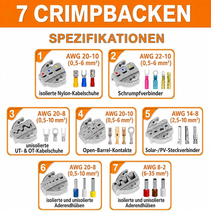 KF CPTEC Crimpzangen Set 9-teilig, Ratschen Crimpzange mit 7 Wechselbacken, AWG 22-2 (0,5–35 mm²) fü