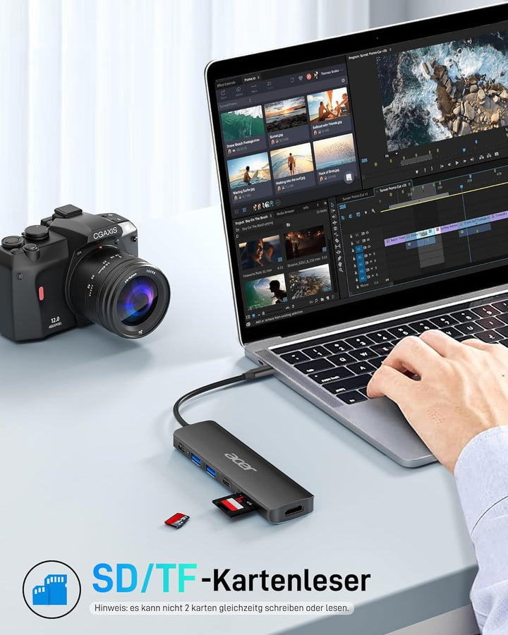 Acer USB C Hub, 7-in-1 USB-C zu HDMI Splitter, 2 USB 3.1 GEN1 und 5 Gbps Typ-C Datenanschluss, 4K HD