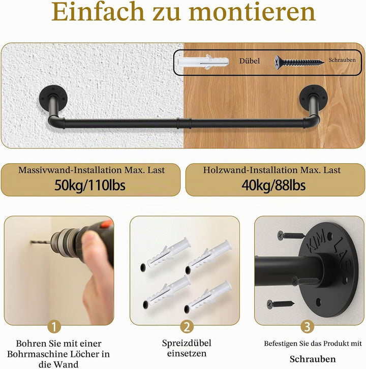 Yawinhe Kleiderstangen für die Wand, 80cm industrieller Rohr-Kleiderständer zur Wandmontage, Platzsp