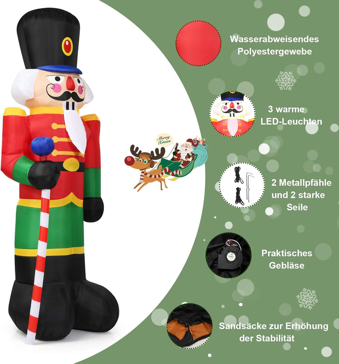COSTWAY 240CM Aufblasbarer Nussknacker-Soldat, Weihnachtsmann Soldat mit 3 LED-Leuchten, Weihnachtsd