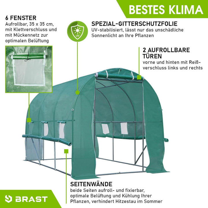 BRAST® Gewächshaus Foliengewächshaus mit Stahlfundament 200x300 cm Seitenwände aufrollbar Erdanker s