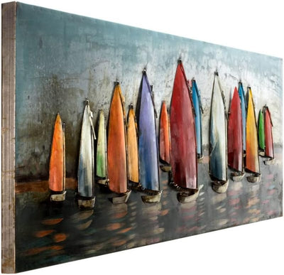 KunstLoft Metallbild 3D | 100% HANDGEFERTIGT | 150x50x5,5cm | Wandbild Metall Deko 'Speedy Boats' |