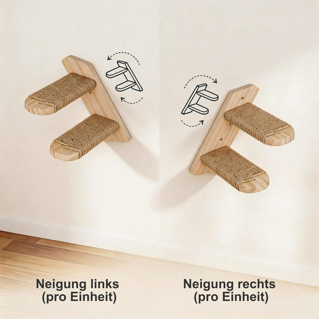 FUSHITON 2-stufige Katzentreppe Wandmontage aus massivem Kiefernholz mit Juteseil, 41 cm Gesamtlänge