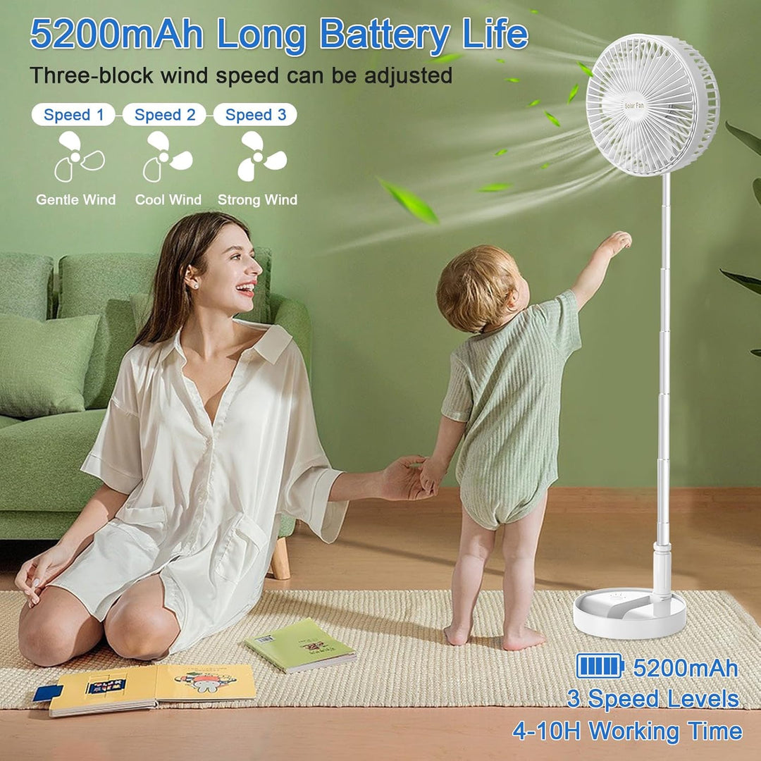 AKOFIC Tragbarer Standventilator Leise, 8" Akku & Solarbetriebener Ventilator, Faltbarer USB Tischve