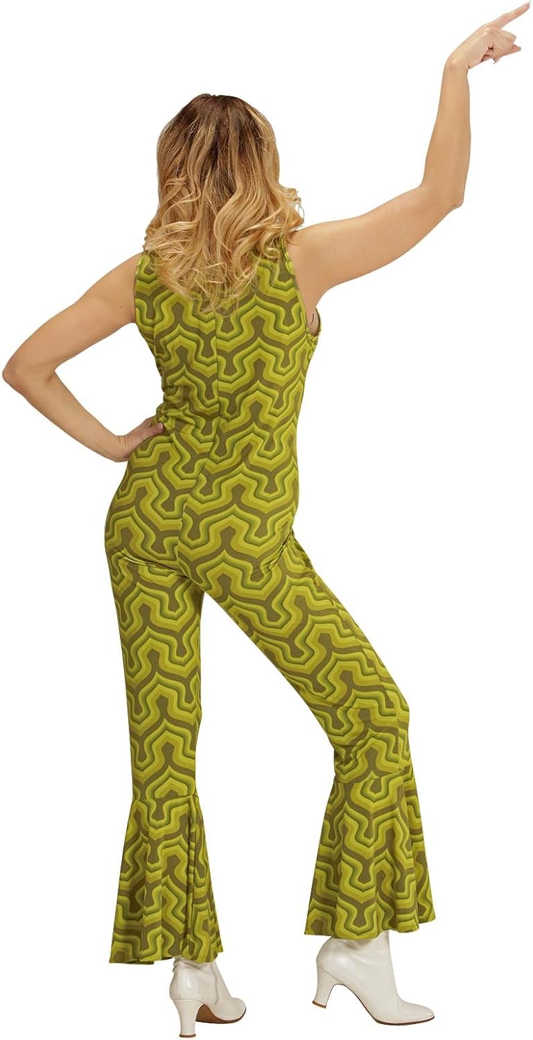 70er Jahre Retro JUMPSUIT mit Tapetenmuster Grün Disco Damen Kostüm Overall Siebziger Schlager 70's,