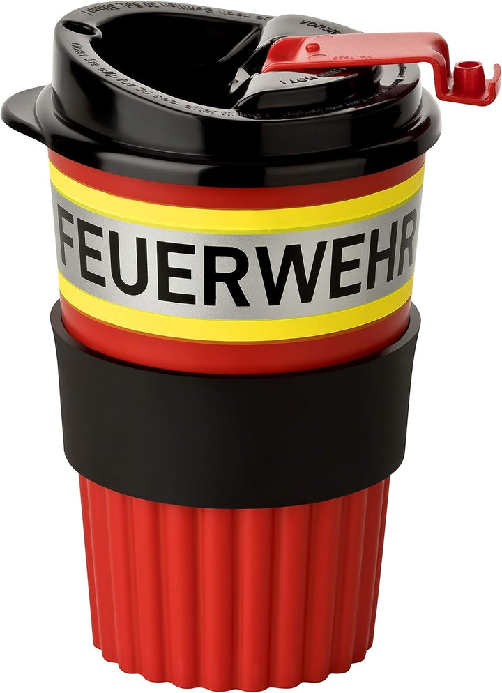 PACOTEX FEUERWEHR To-Go Coffee Becher rot mit gelb-silber-gelb Streifen in Feuerwehroptik, 350ml, mi