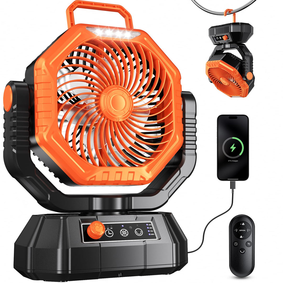 VTHW Camping Ventilator, 20000mAh Wiederaufladbarer Ventilator mit LED Licht & Haken, 270° Drehung,