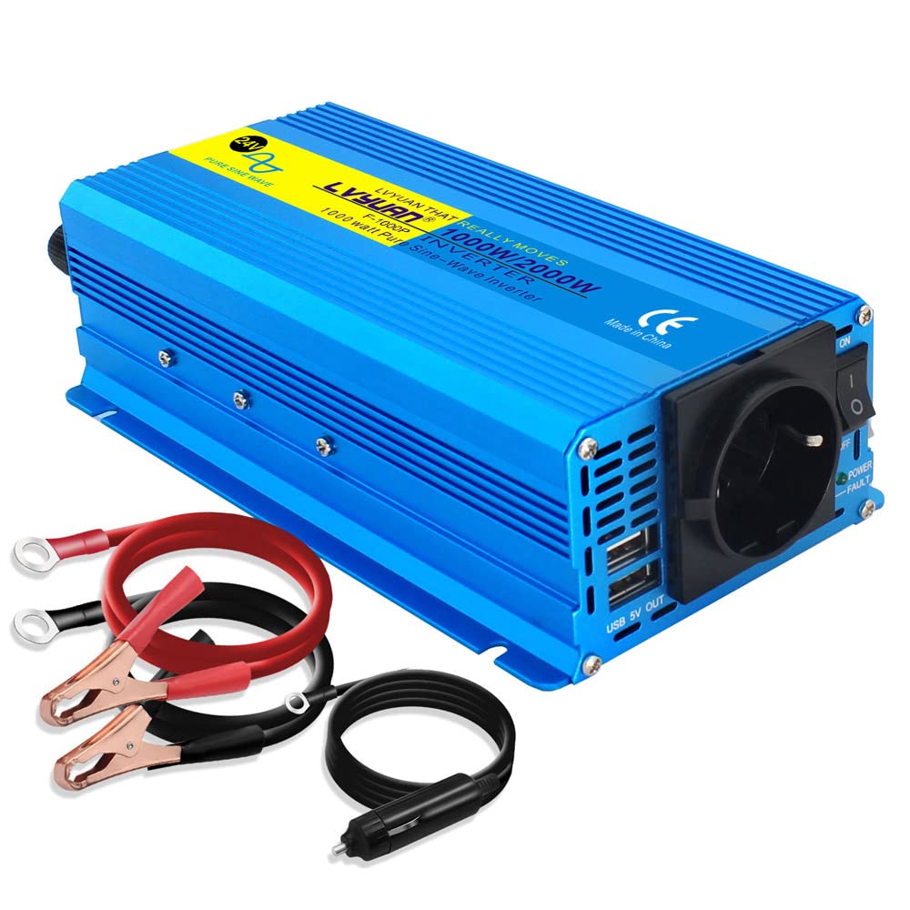 Yinleader Wechselrichter 24V 230V 1000W /2000W Reiner Sinus Spannungswandler mit 1 Steckdose 2 USB A