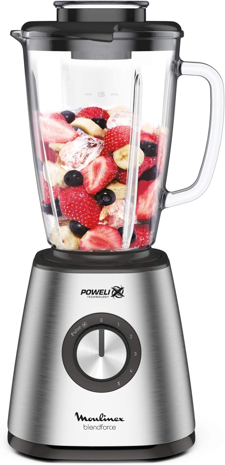 Moulinex Blendforce Standmixer aus Metall, Edelstahl, 800 W, 5 Geschwindigkeitsstufen, Thermoglas, 1