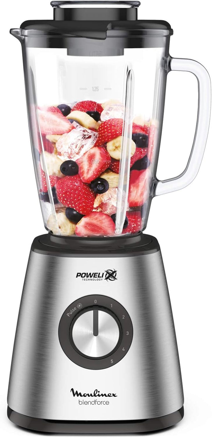Moulinex Blendforce Standmixer aus Metall, Edelstahl, 800 W, 5 Geschwindigkeitsstufen, Thermoglas, 1
