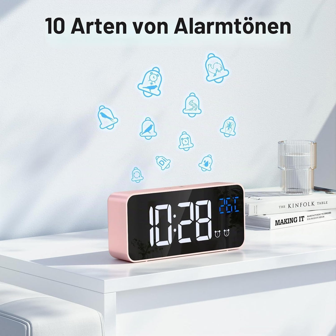 Wecker Digital, LED Digitaluhr mit Temperaturanzeige Tragbarer Spiegelalarm Tischuhr mit 2 Alarmen 1