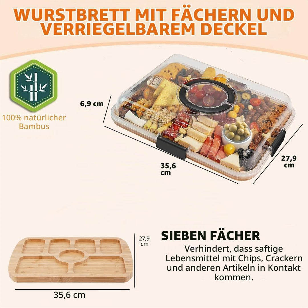 ERNAN Käsebrett mit Deckel für Partys Reisen, Servierplatte mit Fächern Griff für Snacks Fleisch Des