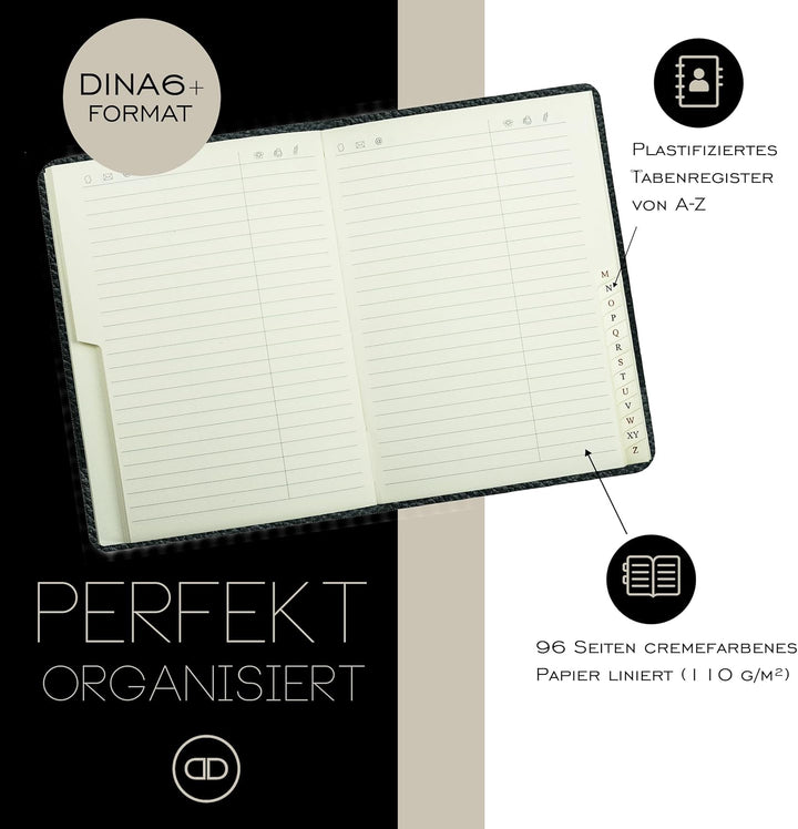 DELMON VARONE - Personalisierbares Adressbuch DIN A6+ gebunden mit A-Z Register Softgrain Leder schw