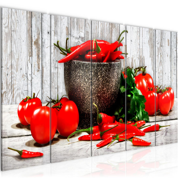 Runa Art Wandbild XXL Küche - Gemüse Esszimmer Küchenbilder 200 x 80 cm Weiss Rot 5 Teilig - Made in
