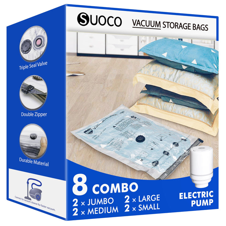 Vakuumbeutel für Kleidung mit elektrischer Luftpumpe, 8er Pack (2Jumbo/2gross/2mittel/2klein), Vakuu